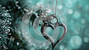 Metal snake heart ornament on a frosty Christmas tree branch with bokeh lights