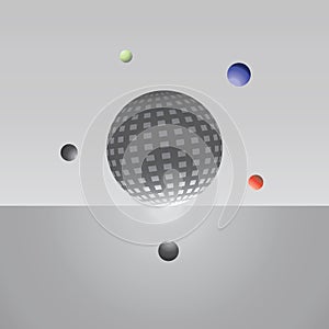 Metal sphere suround by the small sphere on the grey shading background