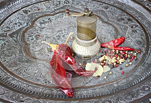 Metal spice grinder with red hot peppers and bay leaf