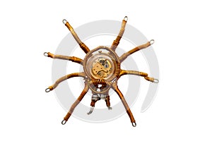 Metal spider with built-in clockwork isolated on white background, steampunk style