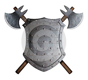 Metal spiked shield and two crossed battle axes 3d illustration