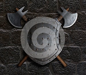 Metal spiked shield and two crossed battle axes on stone wall 3d illustration