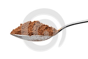 Metal spoon with ground cocoa powder close up on white background