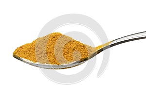 Metal spoon with Turmeric, Curcuma longa ground powder close up on white background