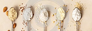 Metal spoons of various gluten free flour almond flour, oatmeal flour, buckwheat flour, rice flour, corn flour , flat