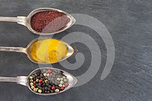 Metal spoons with various ground spices on slate background