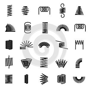 Metal springs. Twisted spiral, flexible coil wire suspension black spring vector line icons