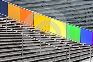 Metal stairs with colorful railing at navy Pier in Chicago