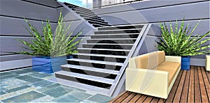 Metal stairs up from the rest zone. Aluminium facade. Baige soft sofa on the decking. Concrete slab pavement. 3d rendering