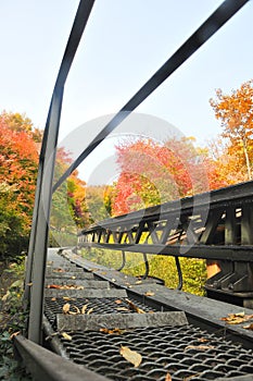 Metal stairsteps to Red Orange maple leaves trees in deep forest with beautiful colourful Autumn foliage trees scenery