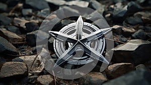 Retrofuturistic Metal Star Logo On Stones And Rocks photo