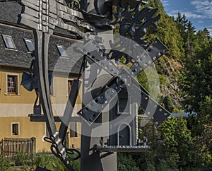 Metal statue on bridge in Becov nad Teplou town