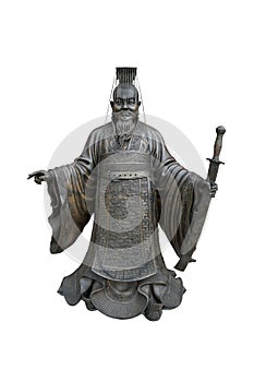 Metal statue of Han Kao-tsuLiu-pan emperor isolated on white background with clipping path.