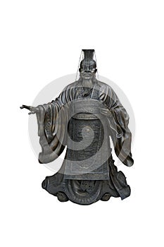Metal statue of The yellow emperor Huang Ti isolated on white background with clipping path.