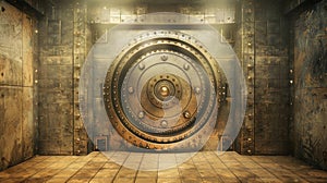 Metal steel round gate mechanism in empty bunker room with tiled floor and durable walls with welds and rivets. Gold and