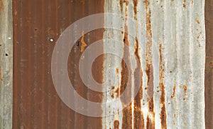 Metal steel strips. Rusty corrugated iron metal, Zinc steel wall, pattern texture background. Close-up of exterior architecture