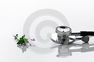 Metal stethoscope for medical doctor health diagnosis with flower of wild herb plant for alternative therapy on white background