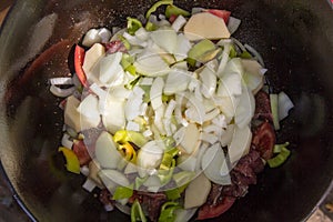 Metal stock pot with soup ingredients vegetables and meat