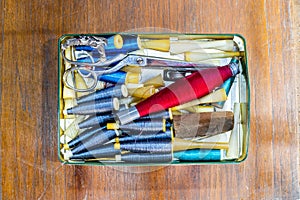 Metal Storage Box with Threads and Sewing Needlework accessories