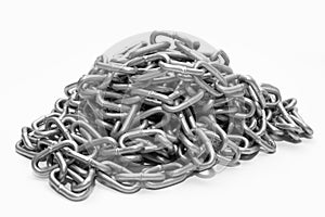 Metal strong chain lying on a white background. Steel links
