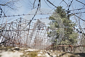 The metal structure of the astronomical radio telescope observatory on the territory of the Institute of the Ionosphere