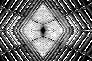 Metal structure similar to spaceship interior black and white photo.