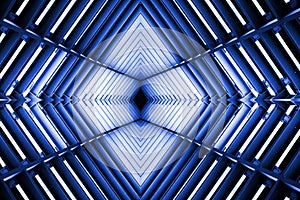 Metal structure similar to spaceship interior in blue light.