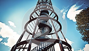 Metal structure tall wildlife observation tower Mindunai Lithuania Low angle outdoor picture architecture engineering bottom view