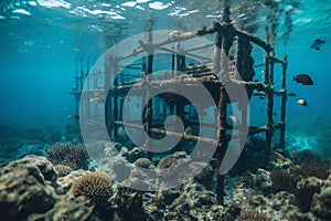 metal structure underwater in the ocean.