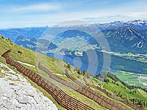 Metal structures for protection against avalanches on Mount Matthorn in the Pilatus mountain massif, Alpnach - Switzerland