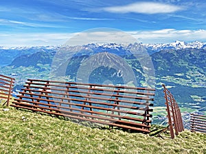 Metal structures for protection against avalanches on Mount Matthorn in the Pilatus mountain massif, Alpnach - Switzerland