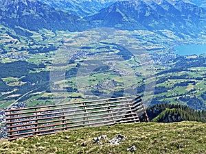 Metal structures for protection against avalanches on Mount Matthorn in the Pilatus mountain massif, Alpnach - Switzerland