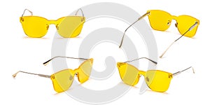 Metal sunglasses with polarizing yellow gradient Mirror Lens isolated on white background. Fashionable summer glasses collection