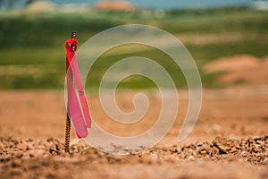 Metal survey peg with red flag on construction site