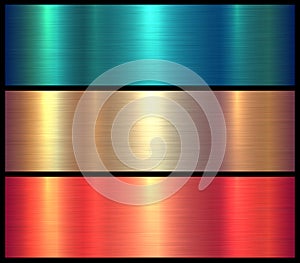Metal textures set, shiny multicolored lustrous brushed metallic backgrounds