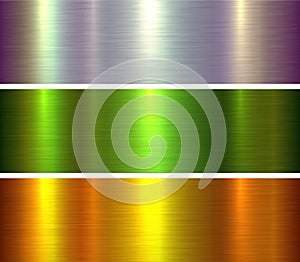 Metal textures set, shiny multicolored lustrous brushed metallic backgrounds