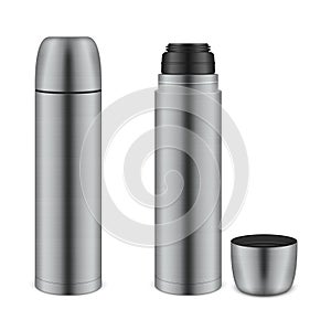 Metal thermos or vacuum flask realistic set. Dewar bottle open and closed mockups