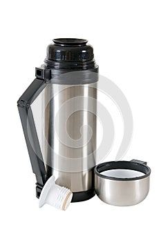 Metal thermos on a white background