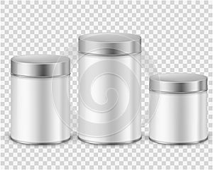Metal tin can container. Template packaging dry products tea coffee sugar cereals spice powder rounded cans mockup photo