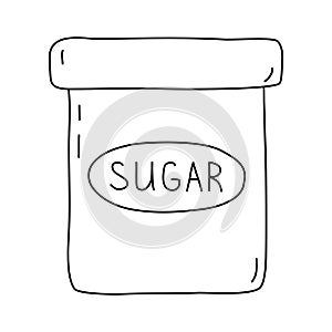 Metal tin or can with label sugar, doodle vector outline for coloring book