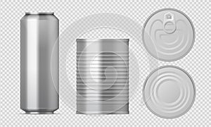 Metal tin can. Realistic food packages blank cylinder templates, aluminum conserved boxes with different views. Vector photo