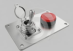 Metal toggle switch and red button assembly isolated on white background