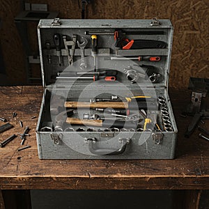 Metal toolbox on a wooden workbench, filled with assorted tools. Tools include