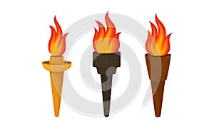 Metal Torches with Brightly Burning Fire and Flame Vector Set