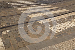 Tramlines and road crossing on the streets of Prague