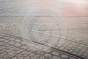 Metal tramway rails background outside