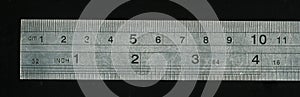 Metal transparent ruler with black background.