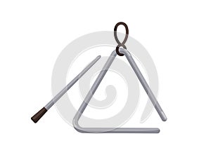 Metal triangle with stick. Percussion music instrument. Colored flat vector illustration isolated on white background