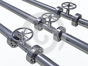 Metal tubes with valves on white isolated