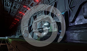 Metal wall panel in hallway with lighting at night scene